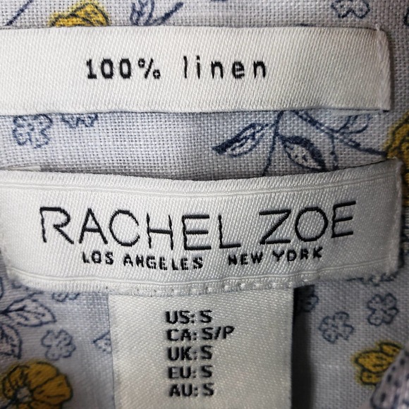 Rachel Zoe Blouse Womens Size Small Button front Floral Linen Short Sleeve Blue - Picture 7 of 7